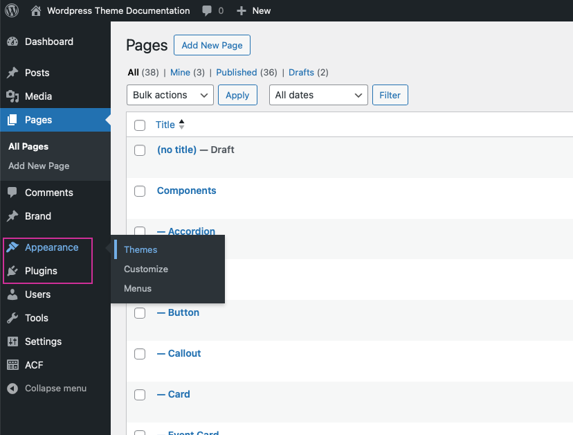 screenshot of the WordPress dashboard with Appearance and Plugins highlighted